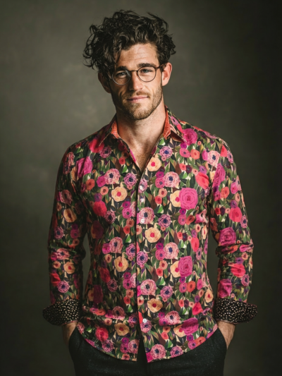 Chemise ADAM à motif floral rose et verte