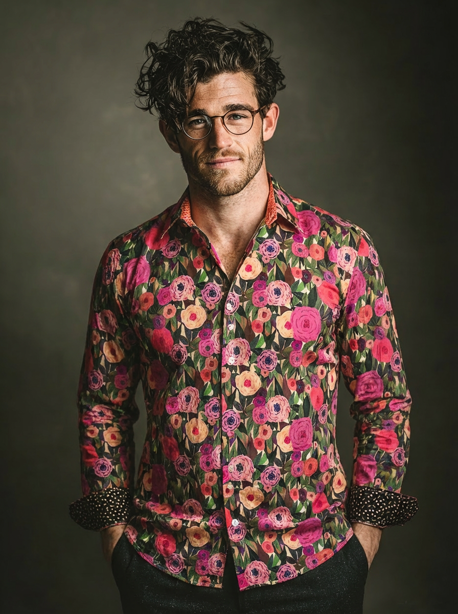 Chemise ADAM à motif floral rose et verte 1 Chemise ADAM à motif floral rose et verte