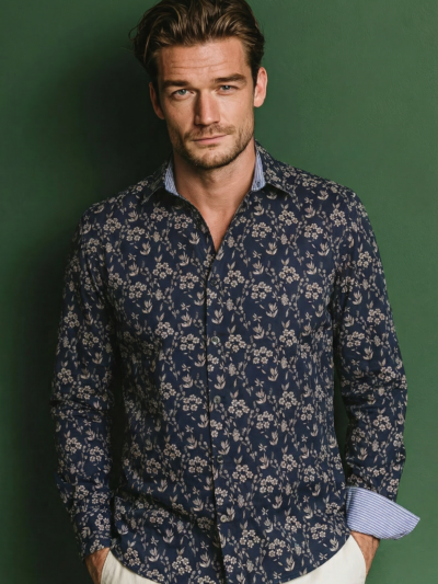 Chemise ALLESANDRO à motif floral beige sur fond marine