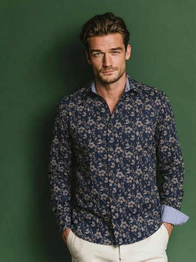 Chemise ALLESANDRO à motif floral beige sur fond marine