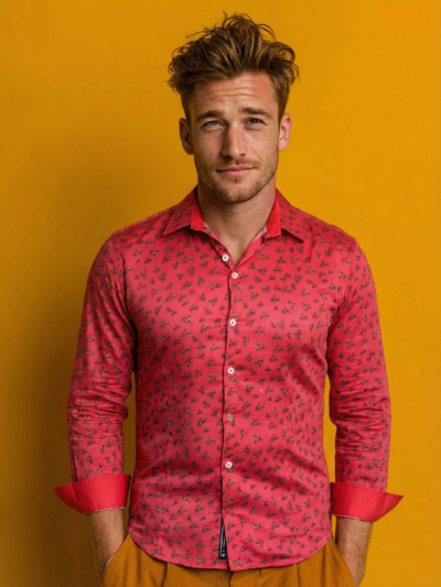 Chemise ANSELME à motif floral sur fond rose fuchsia