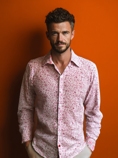 Chemise ARTUS à motif floral rose sur fond écru