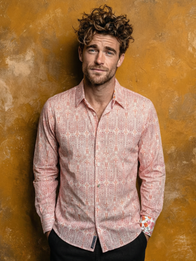 Chemise BAUDOUIN à motif cachemire orange sur fond écru