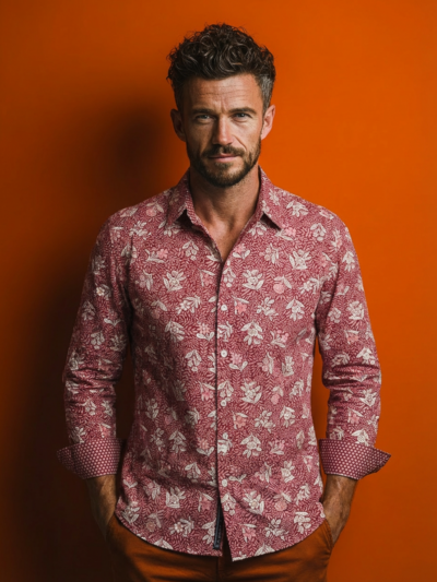 Chemise BERNARDO à motif floral écru et rose sur fond rouge