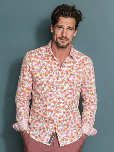 Chemise CARLOS à motif floral rose et orange sur fond écru
