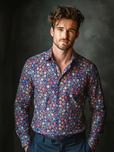 Chemise CHARLOT à motif floral multicolor sur fond bleu
