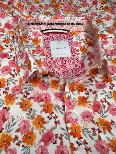 Chemise CARLOS à motif floral rose et orange sur fond écru