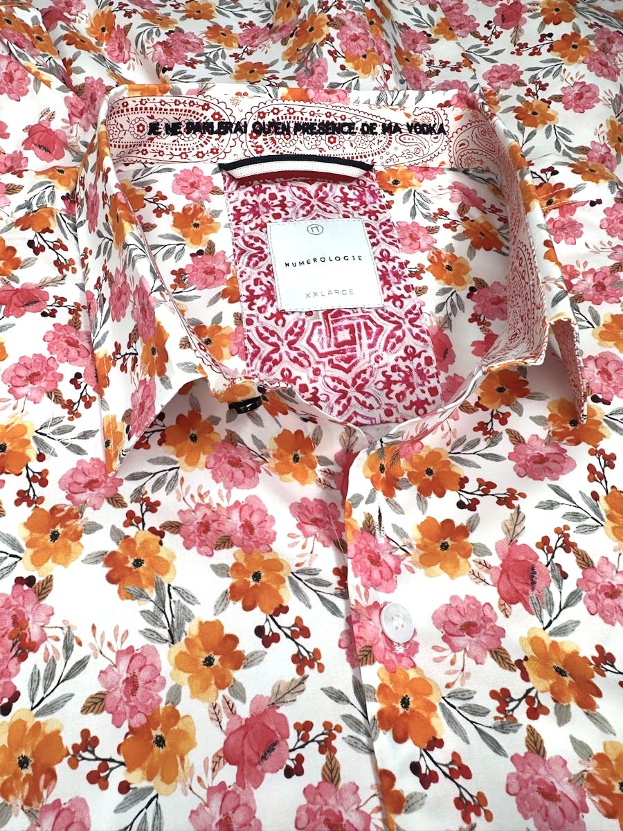 Chemise CARLOS à motif floral rose et orange sur fond écru 3 Chemise CARLOS à motif floral rose et orange sur fond écru – Image 2