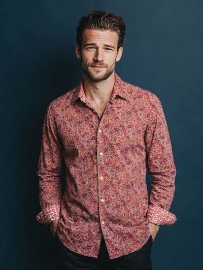 Chemise DERRICK à motif floral multicolore sur fond rouge