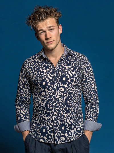 Chemise DOUDOU à motif graphique marine sur fond écru