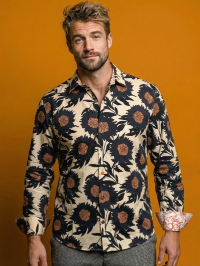 Chemise FAZIL à motif floral noir et orange sur fond beige