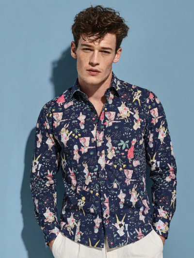 Chemise GABRIEL à motif imprimé Alice au pays des merveilles sur fond marine