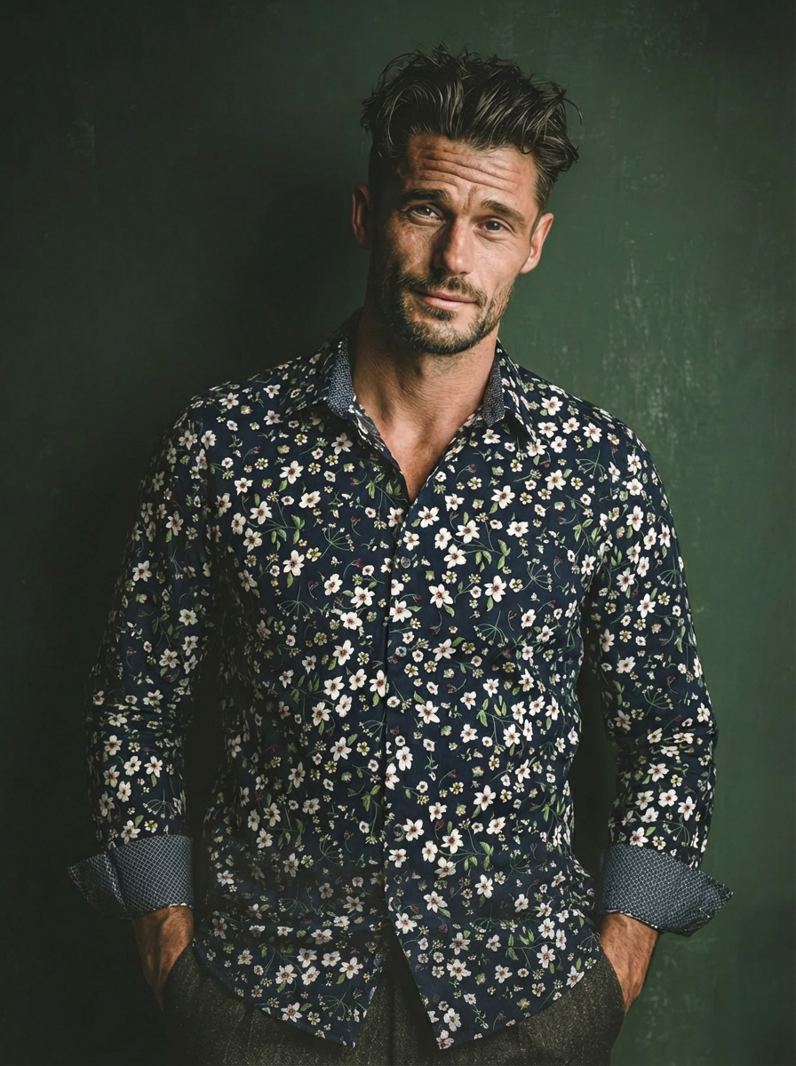 Chemise GRAZIANO à motif floral écru et vert sur fond marine 1 Chemise GRAZIANO à motif floral écru et vert sur fond marine