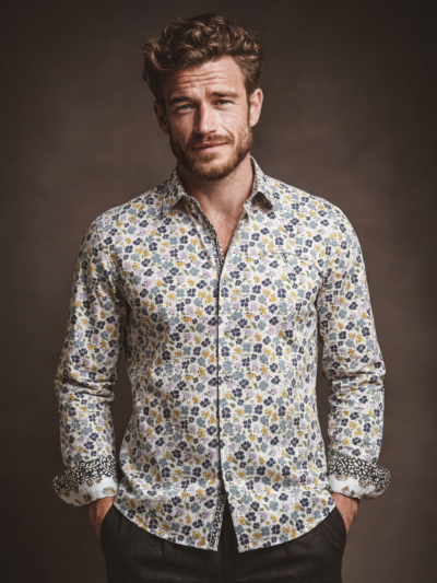Chemise GREGOR à motif floral multicolore sur fond écru
