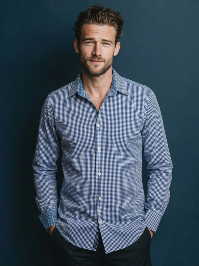 Chemise HONORE à motif carreaux bleu sur fond blanc