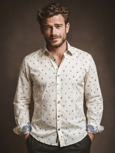 Chemise HUBERT à motif cerises marines et vertes sur fond écru