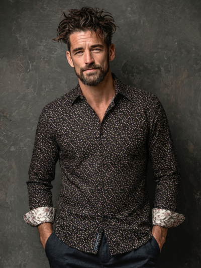 Chemise ISAAC, imprimé rose et beige sur fond noir