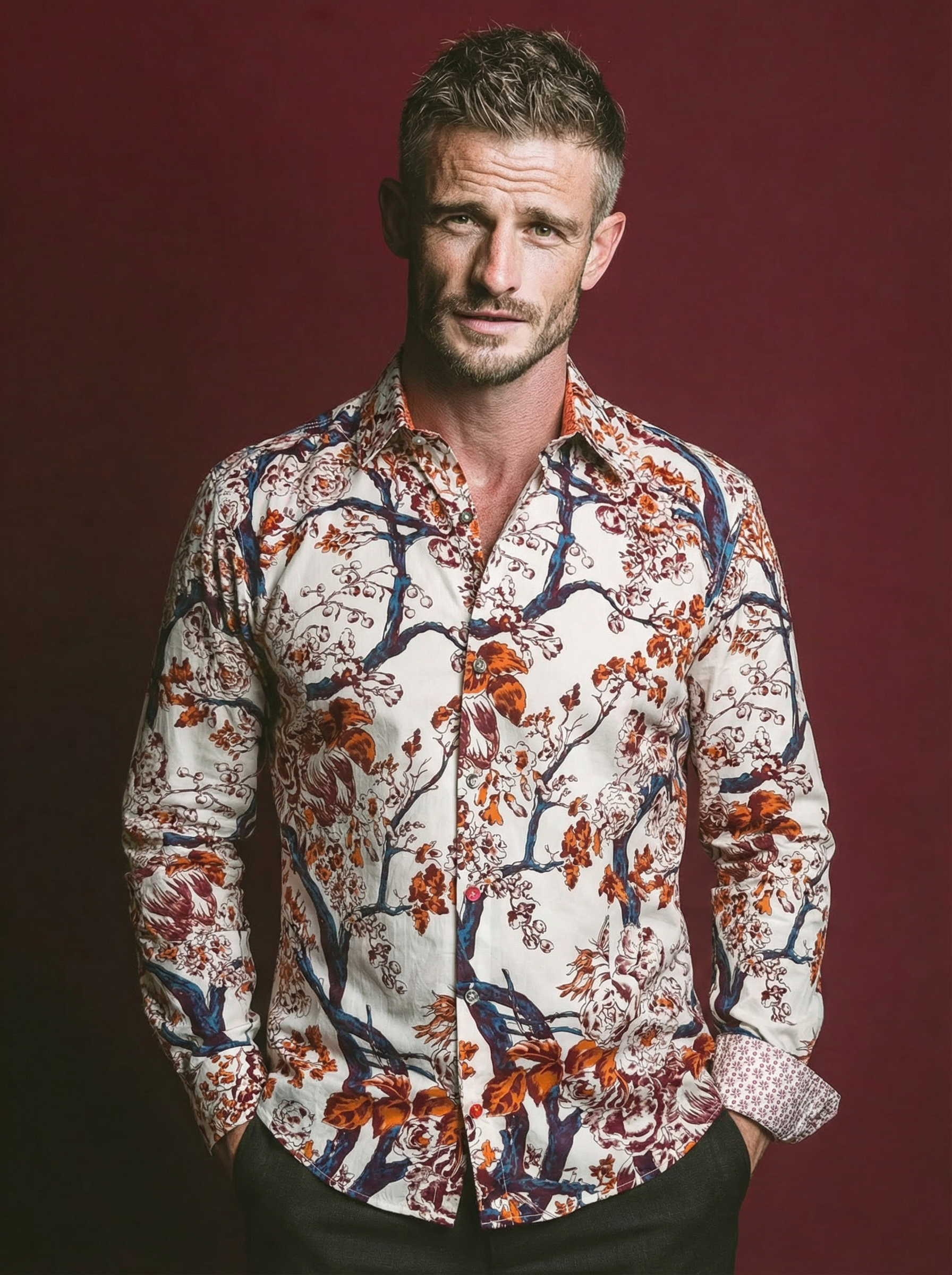 Chemise ISAO à motif floral rouge et orange 1 Chemise ISAO à motif floral rouge et orange