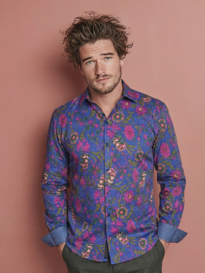 Chemise JULES à motif floral bleu et fuchsia