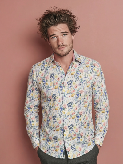 Chemise KAMAJI à motif floral délicat multicolore sur fond écru
