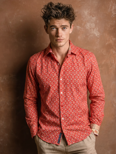 Chemise LEONIS à motif floral multicolore sur fond orange