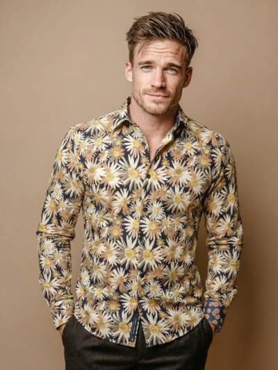 Chemise MARC à motif floral sur fond marine
