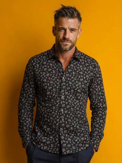 Chemise OLIVER à motif floral multicolore sur fond noir