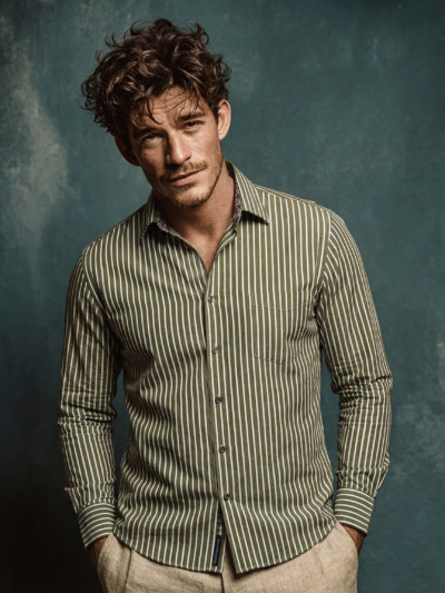 Chemise ORLANDO à rayures écrues sur fond kaki