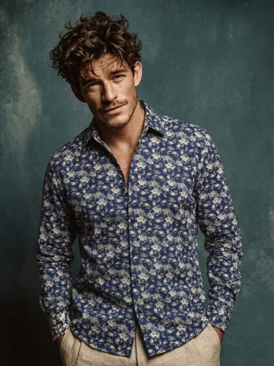 Chemise PEDRO à motif floral écru sur fond bleu