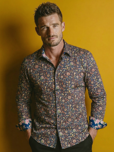 Chemise PIERRE à motif floral bleu marine