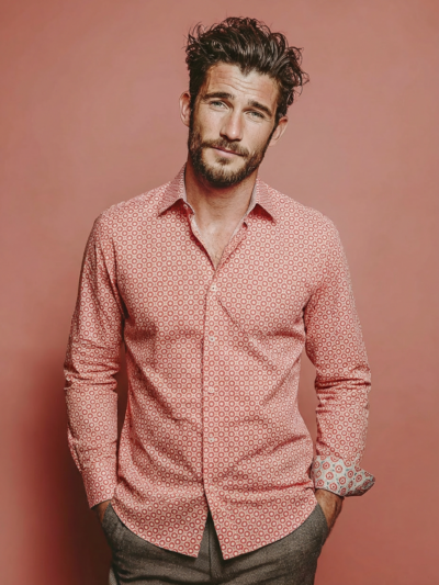 Chemise REMUS à motif géométrique orange sur fond blanc