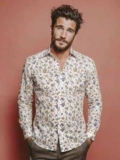 Chemise ROBINSON à motif floral délicat multicolore sur fond écru