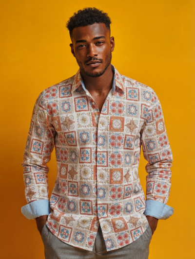 Chemise SAFRI à motif graphique multicolore sur fond écru