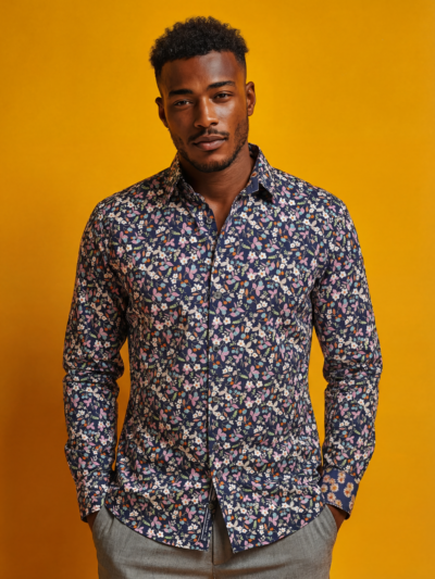 Chemise SIMON à motif floral multicolore sur fond marine