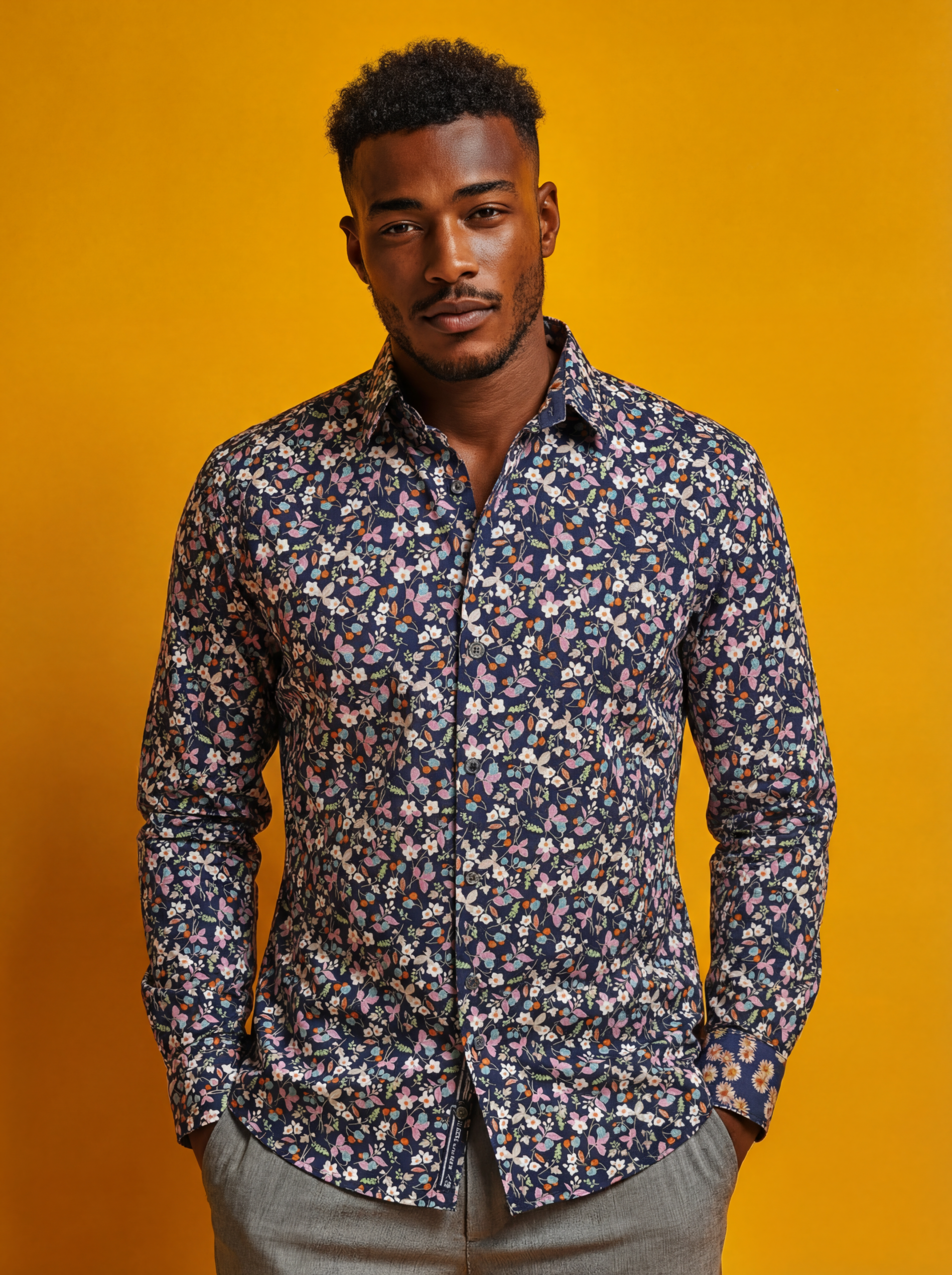 Chemise SIMON à motif floral multicolore sur fond marine 1 Chemise SIMON à motif floral multicolore sur fond marine
