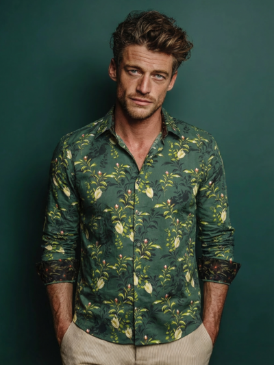 Chemise BASTOU à motif floral multicolore sur fond vert