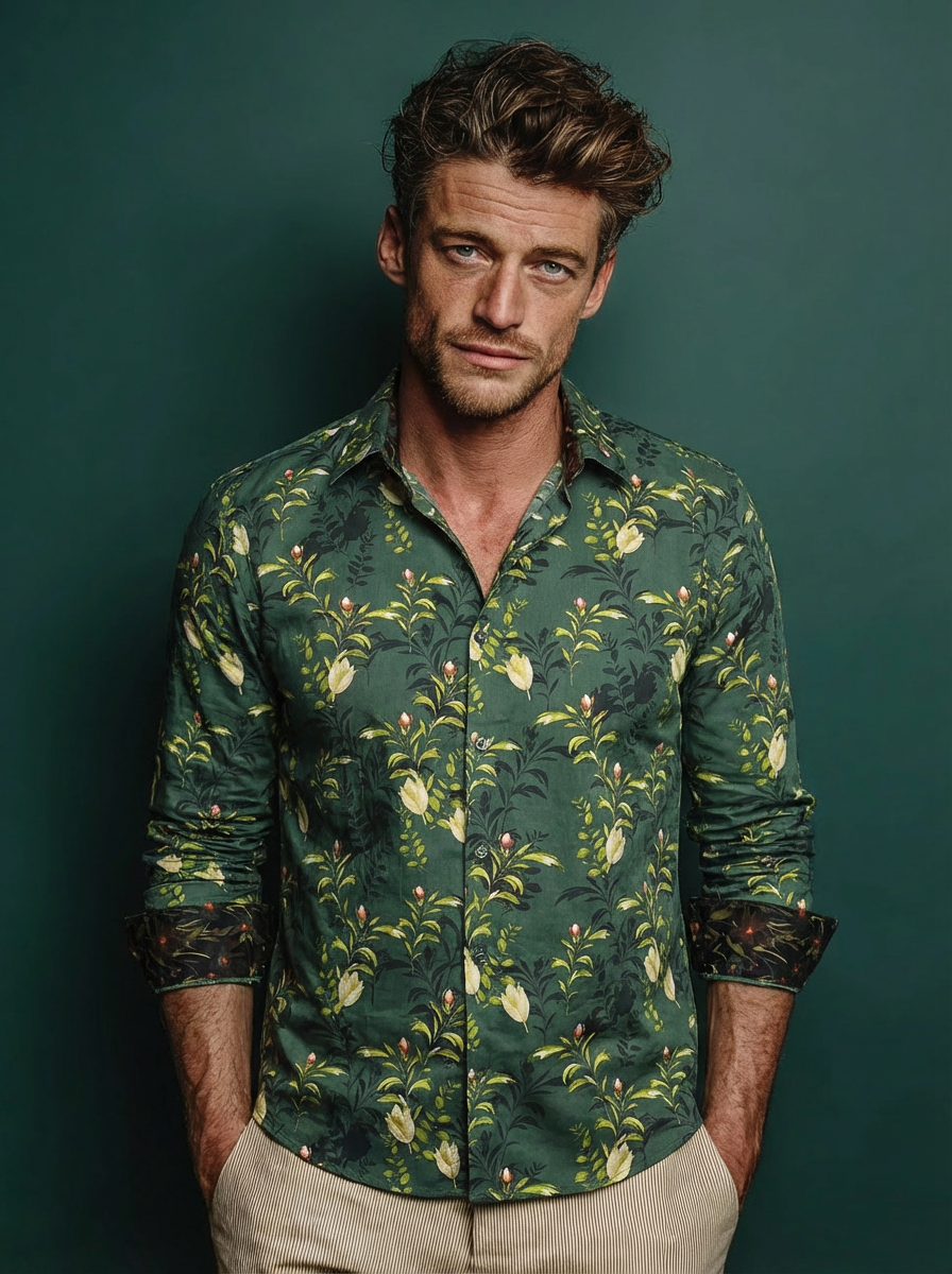 Chemise BASTOU à motif floral multicolore sur fond vert 1 Chemise BASTOU à motif floral multicolore sur fond vert