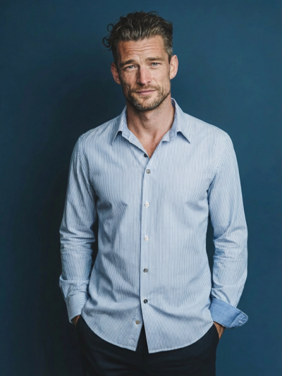 Chemise BAUDRY à fines rayures écrues sur fond ciel