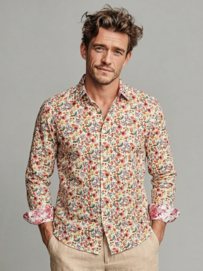 Chemise CESAIRE à motif floral multicolore sur fond écru