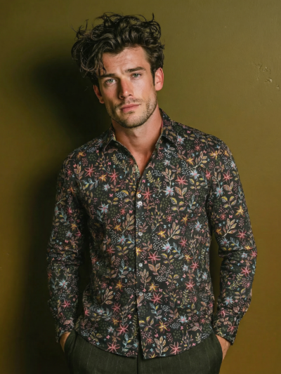 Chemise CORENTIN à motif floral multicolore sur fond noir