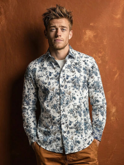 Chemise FILIP à motif floral bleu sur fond écru