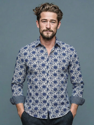 Chemise HORACE à motif floral marine sur fond écru