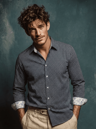 Chemise VINO à motif graphique blanc sur fond marine